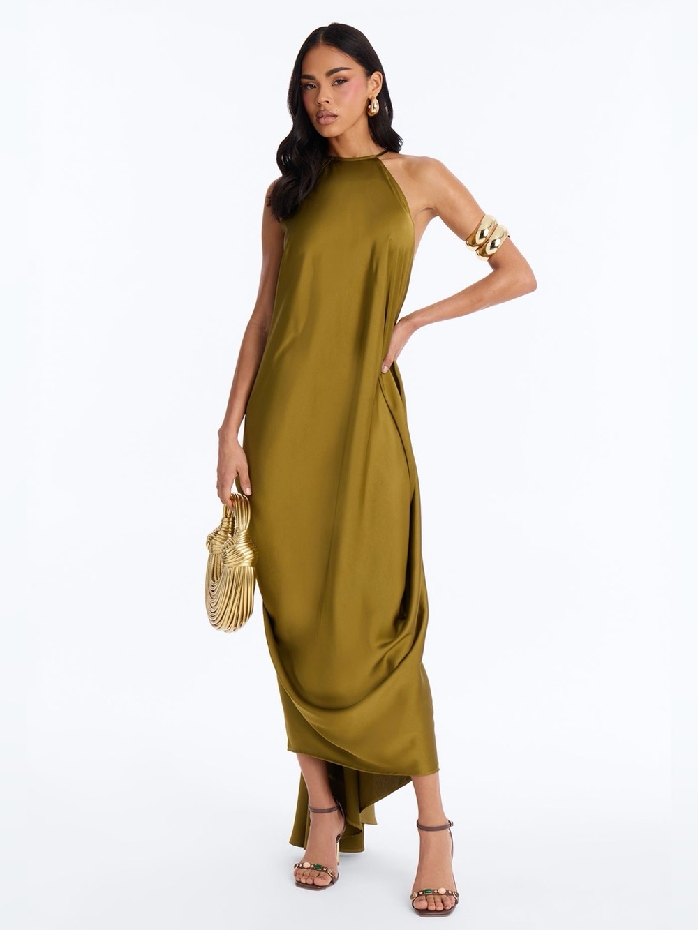 Fashion Nova Olive Halter Satin Maxi Dress NWT Sz M/L